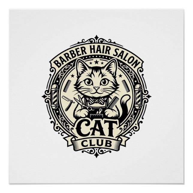 Poster Salon de coiffure pour hommes Chat drôle Graphique (Devant)