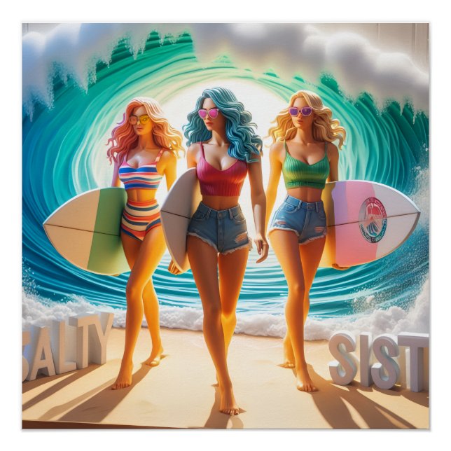 Poster Salty Sisterhood Trio Girls Beach Walk Surfer (Devant)