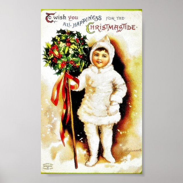 Poster Salutation de Noël avec un garçon tenant des feuil (Devant)