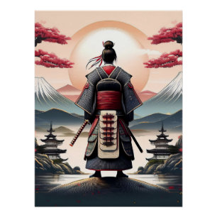 Poster Samouraï avec pagodes et lever du soleil