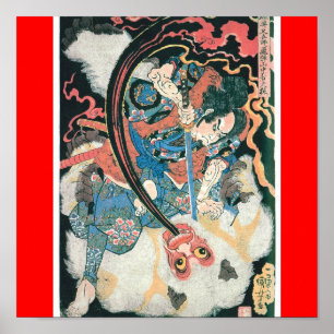 Poster Samouraï tuant un démon, peinture japonaise anci