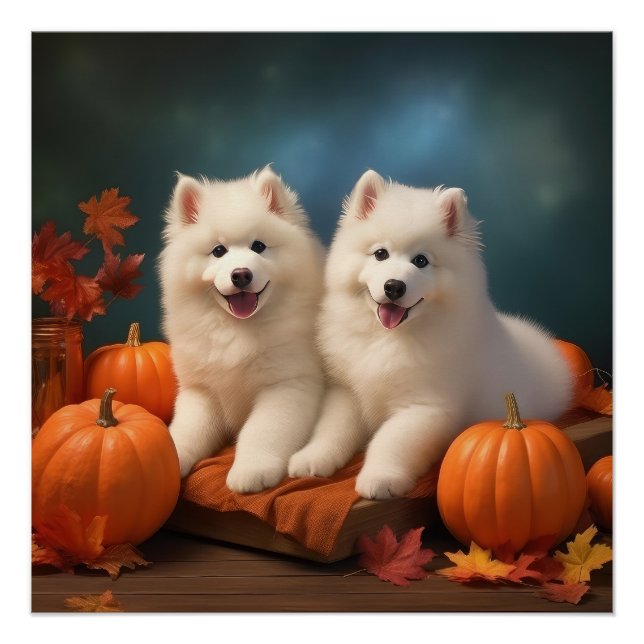 Poster Samoyed Chiot Automne Citrouille de plaisir (Devant)