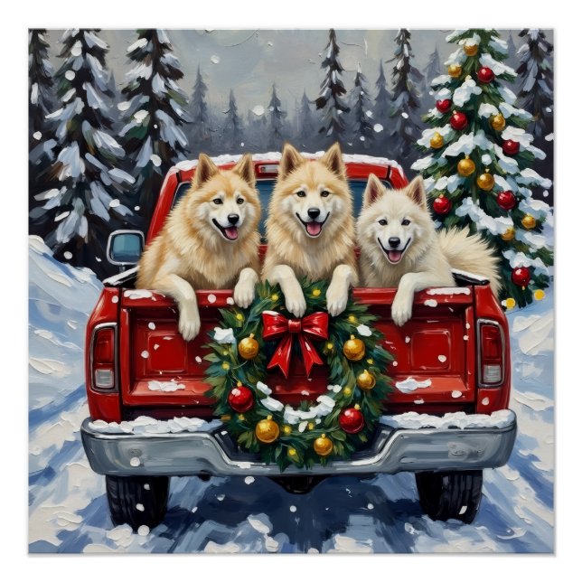 Poster Samoyed Noël Camion Rouge Fêtes (Devant)