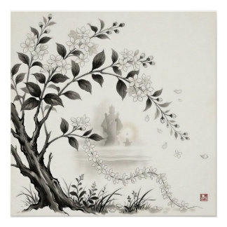Poster Sampaguita — Fleur Nationale Philippine Sumi-e
