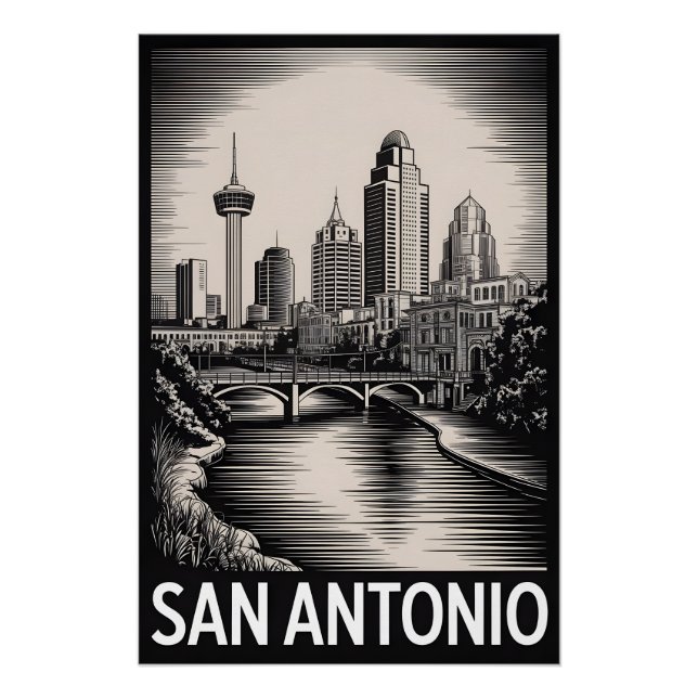 Poster San Antonio Texas Skyline Noir et Blanc Gravure su (Devant)