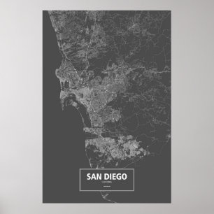 Poster San Diego, Californie (blanc sur noir)