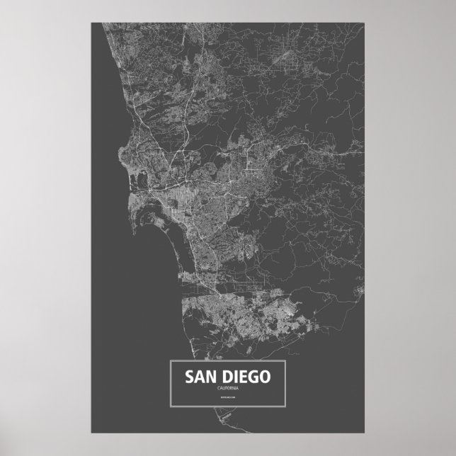 Poster San Diego, Californie (blanc sur noir) (Devant)