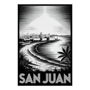 Poster San Juan Porto Rico Gravure sur bois Noir Blanc Ho