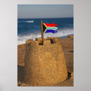 Poster Sand Castle With South African Flag, Umhlanga