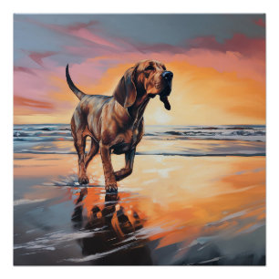 Poster Sandy Paws Bloodhound Dog on Beach Sunset