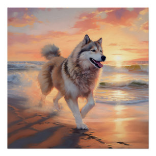 Poster Sandy Paws Malamute Alaskan sur la Plage au Couche