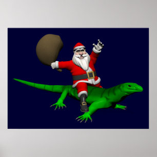 Poster Santa Claus Riding Green Lizard