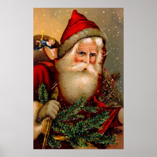 Poster Santa Claus vintage avec bâton de marche