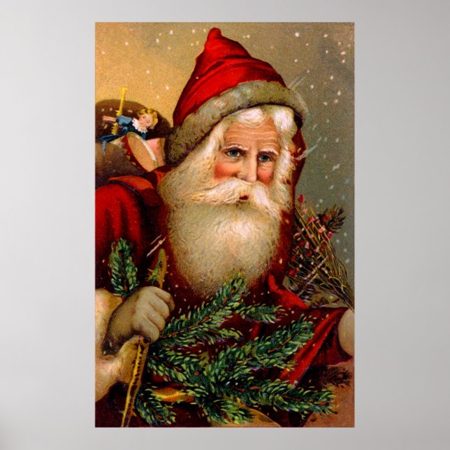 Poster Santa Claus vintage avec bâton de marche (Devant)