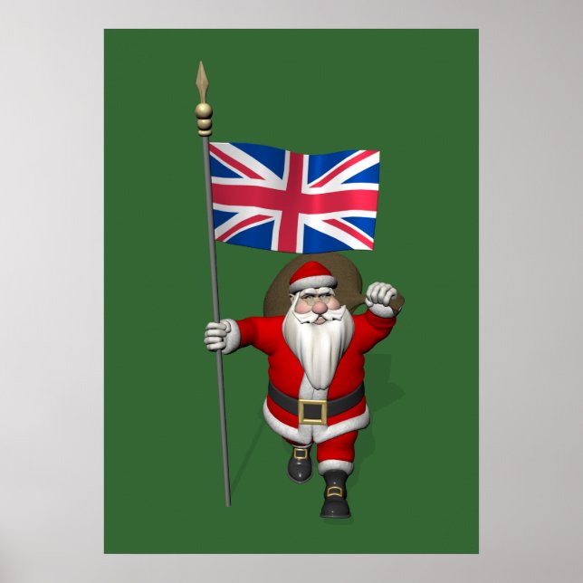 Poster Santa Claus With Union Flag Of The UK (Devant)
