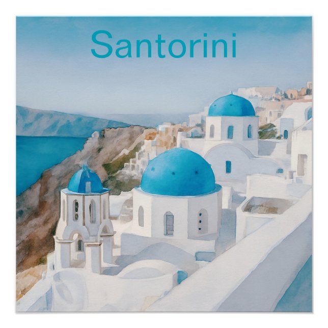 Poster Santorin, Grèce, avec des dômes bleus (Devant)
