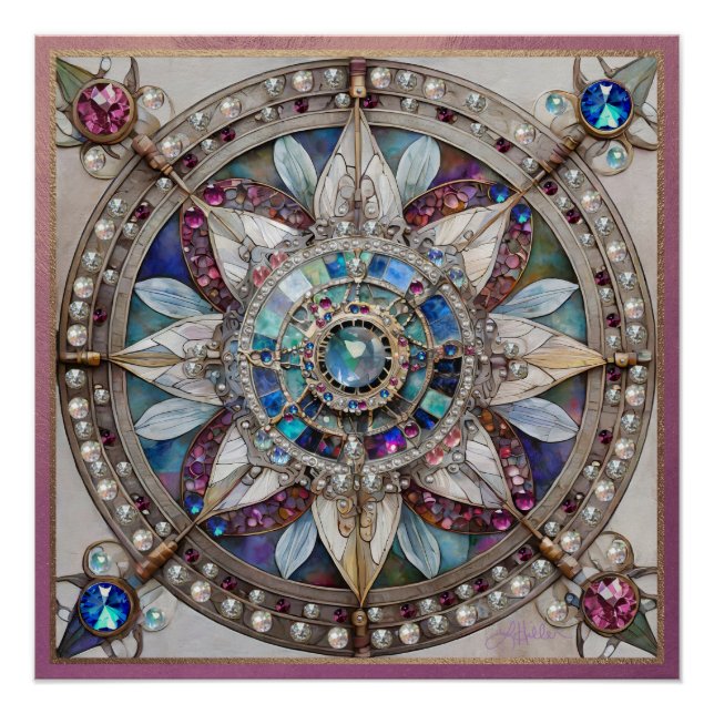 Poster Saphirs roses et bleus Diamants Perles Mandala (Devant)