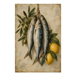Poster Sardines Vintage avec Citrons & Olives Mediterrane