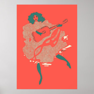 Poster Saumon vintage Turquoise Guitare Femme Musicienne 