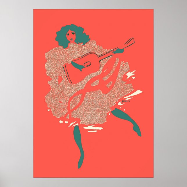 Poster Saumon vintage Turquoise Guitare Femme Musicienne  (Devant)
