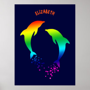 Poster Sauter Les Dauphins Arc-En-Ciel Avec Des Bulles