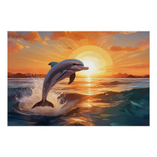 Poster Sauts dauphins au coucher du soleil sur l'océan