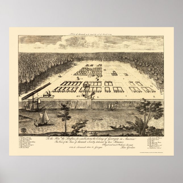 Poster Savannah, GA Carte panoramique - 1734 (Devant)