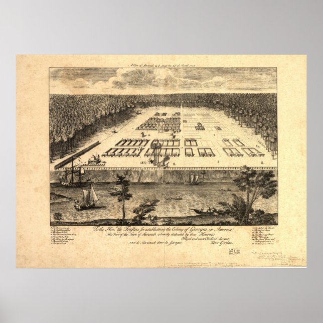 Poster Savannah Georgia 1734 Carte panoramique antique (Devant)