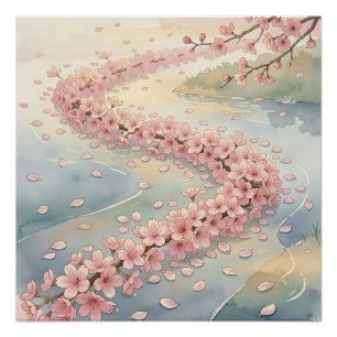Poster Scène aquarelle de la rivière aux cerisiers roses
