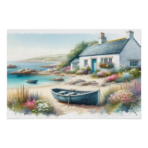 Poster Scène de bord de mer à l'aquarelle de cottage côti