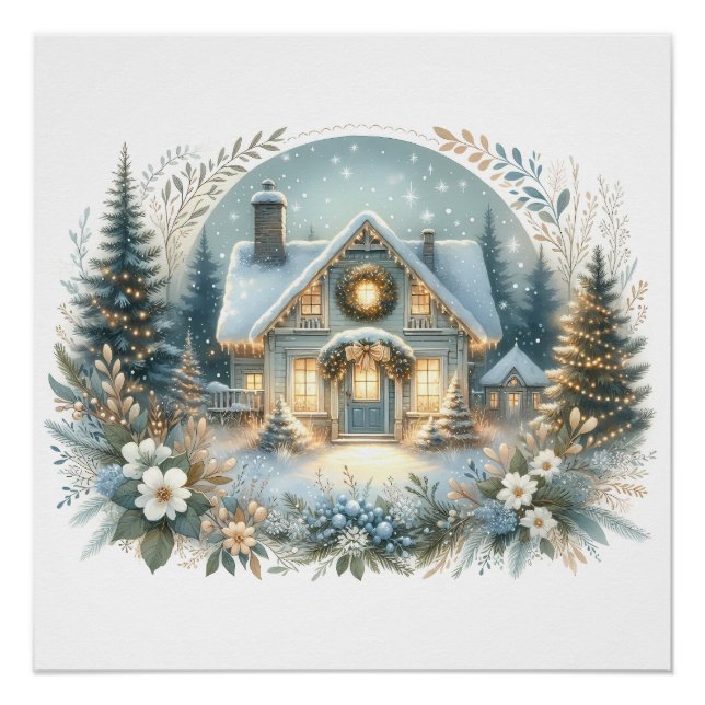 Poster Scène de cabane enneigée lumineuse (Devant)