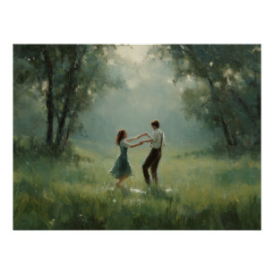 Poster Scène de couple de danse dans une forêt fantaisist