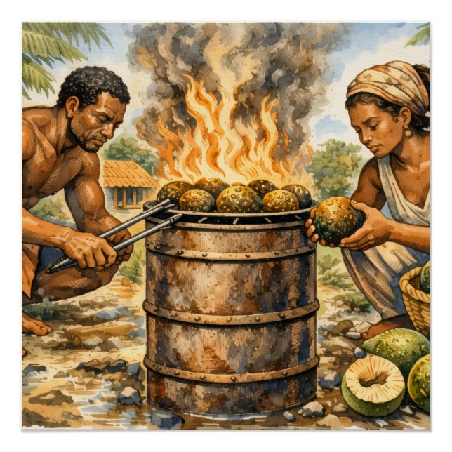 Poster Scène de fruit à pain des Caraïbes à l'aquarelle (Devant)