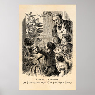 Poster Scène de Noël vintage Enfants victoriens par arbre