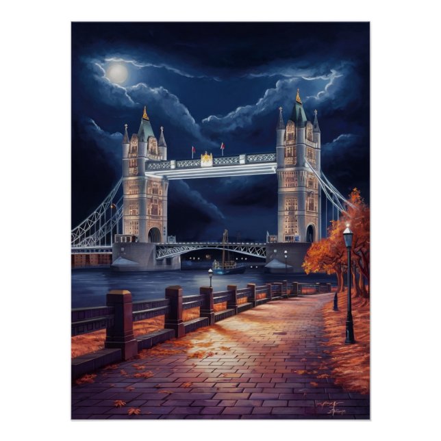 Poster Scène de nuit londonienne avec tour éclairée (Devant)