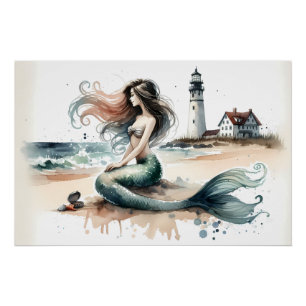 Poster Scène de peinture à l'aquarelle du phare de la sir