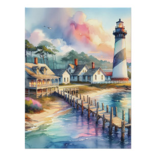 Poster Scène de phare côtier et cottages de plage