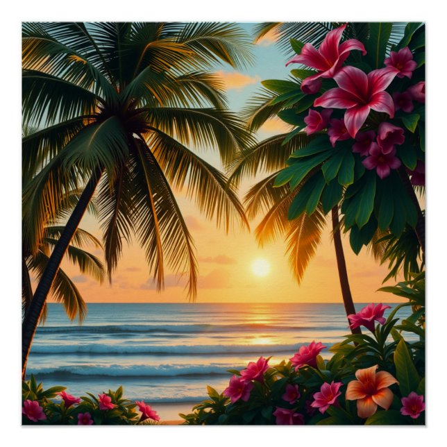 Poster Scène de plage de Sunset tropical avec palmiers (Devant)
