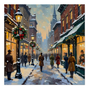 Poster Scène de rue de ville enneigée de Noël vintage