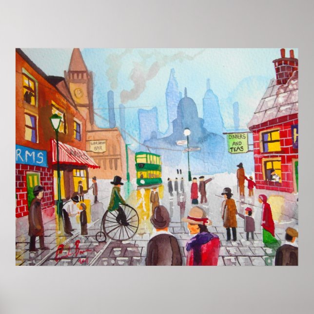 Poster Scène de rue très fréquentée tramway de penny fart (Devant)