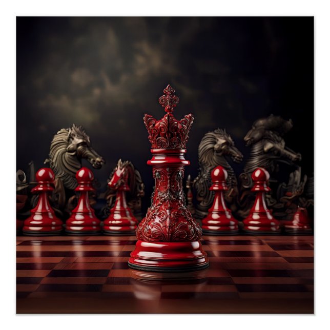 Poster Scène d'échiquier avec un roi rouge orné (Devant)