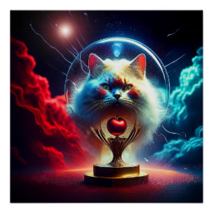 Poster Scène Fantastique : Chat Dans Un Globe Avec Pomme