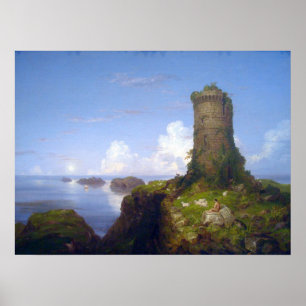 Poster Scène italienne de côte avec la tour ruinée -