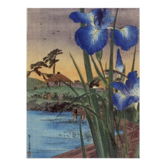 Poster Scène japonaise vintage ukiyo-e iris bleu et oisea
