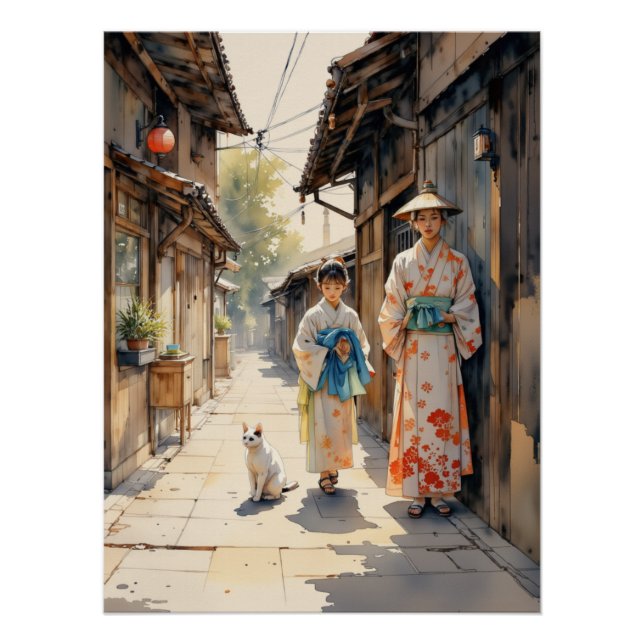 Poster Scène traditionnelle japonaise de kimono dans la r (Devant)