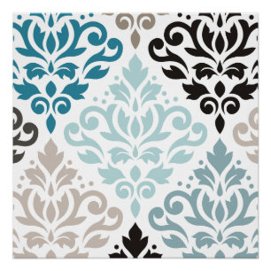 Poster Scroll Damask XLg Motif Art Teals Browns White