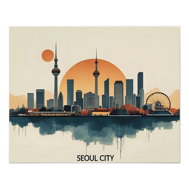 Poster Séoul City Modern Skyline Retro Art Corée du Sud (Devant)