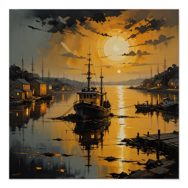 Poster serene harbor at sunset (Devant)