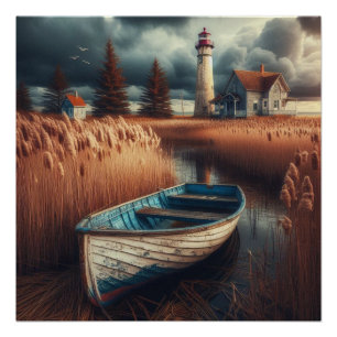 Poster Sérénité côtière : Phare et bateau à moteur