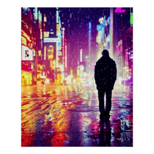 Poster Seul Cyberpunk Dans L'Affiche De Pluie